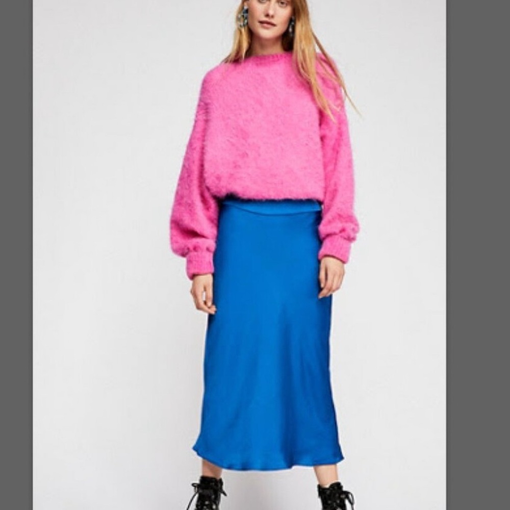 Free People Vibrant Blue Satin Midi Skirt